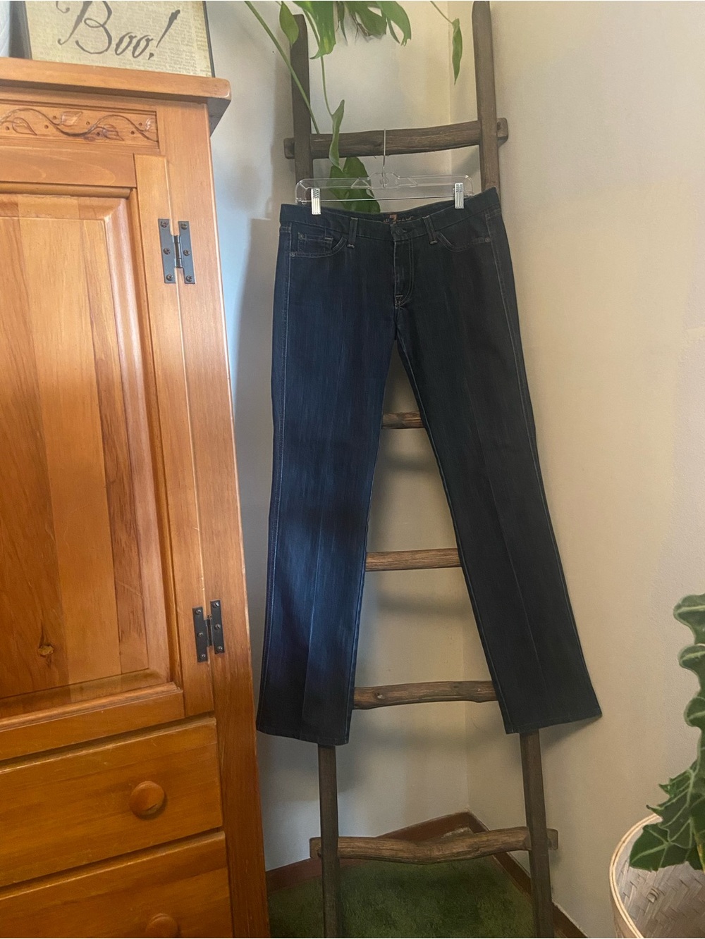 7 For All Mankind Dark Blue Straight Leg Jeans with Contrast Stitching - Picture 8 of 9